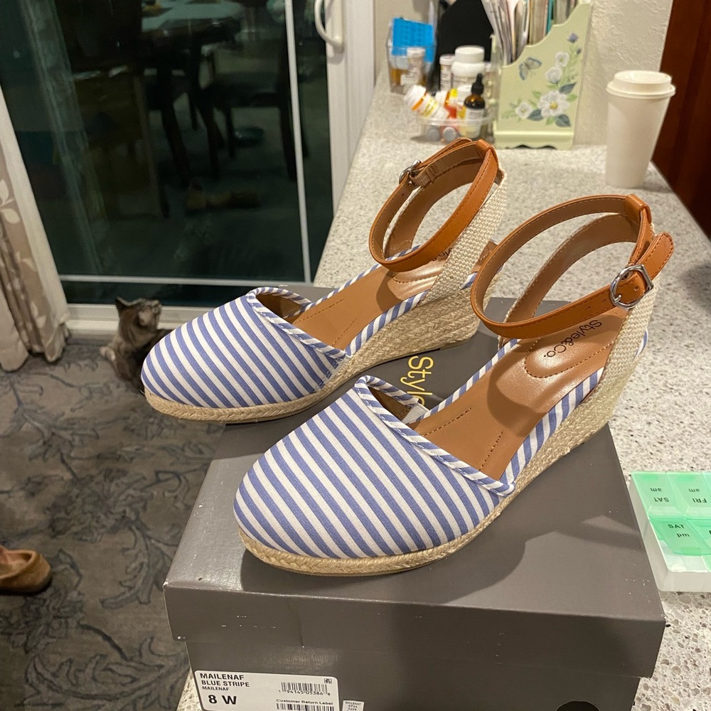 Blue Striped Espadrille Wedges - Size 8W